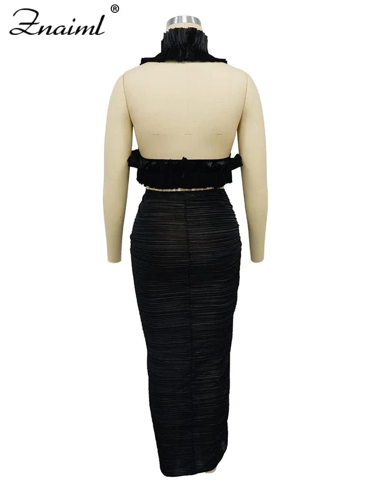Znaiml Prom Gowns Formal Pleated Two 2 Pieces Women Crop Top and High Slit Skirt Set Ruffles Sexy Night Club Outfits Birthday