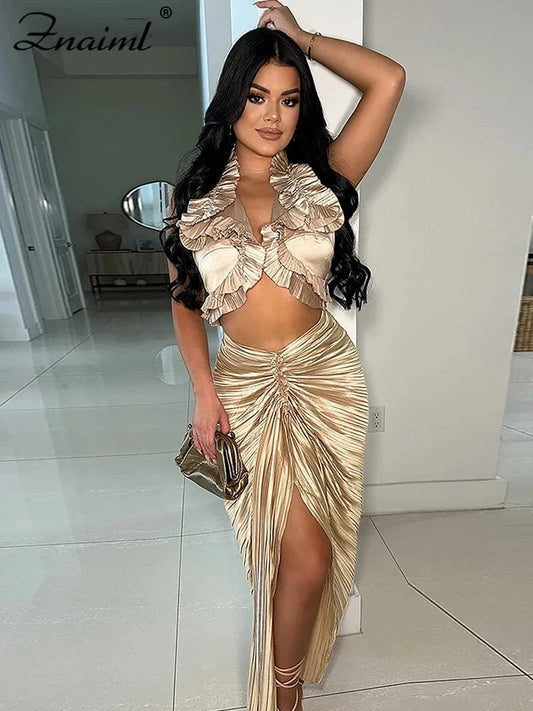 Znaiml Prom Gowns Formal Pleated Two 2 Pieces Women Crop Top and High Slit Skirt Set Ruffles Sexy Night Club Outfits Birthday