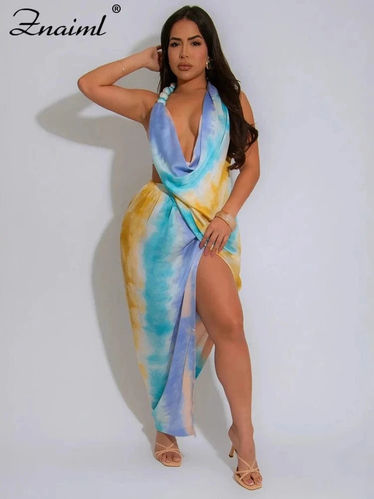 Znaiml Sexy Beach Vacation Deep V-neck Bead Halter Sleeveless Backless Dress Women Fashion High Split Printed Night Club Robe