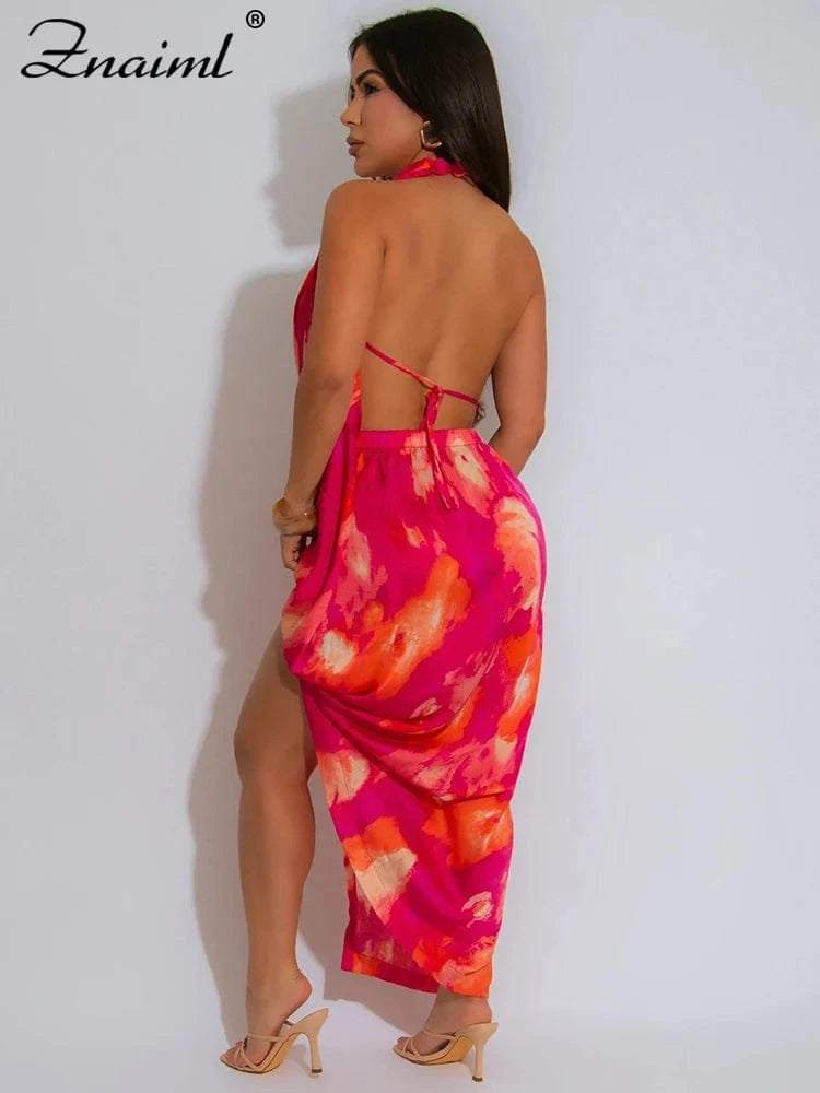 Znaiml Sexy Beach Vacation Deep V-neck Bead Halter Sleeveless Backless Dress Women Fashion High Split Printed Night Club Robe