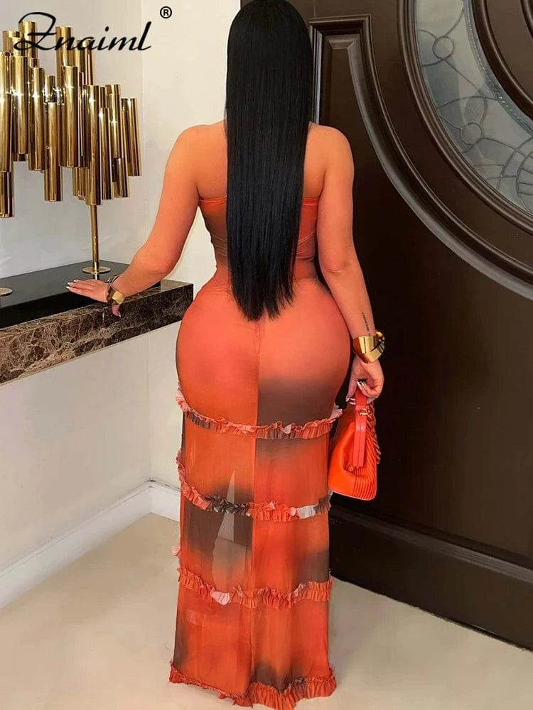 Znaiml Sexy Beach Vacation Spaghetti Strap V-neck Maxi Dress for Women Sleeveless Print Ruffles Ruched High Split Birthday Robe