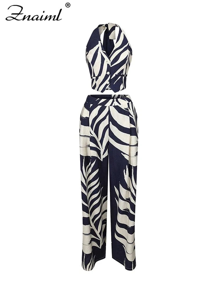 Znaiml Sexy Boho Leaf Printed Wide Leg Pants Sets for Women Halter Sleeveless Crop Tops and Trousers Two 2 Piece Vacation Outfit