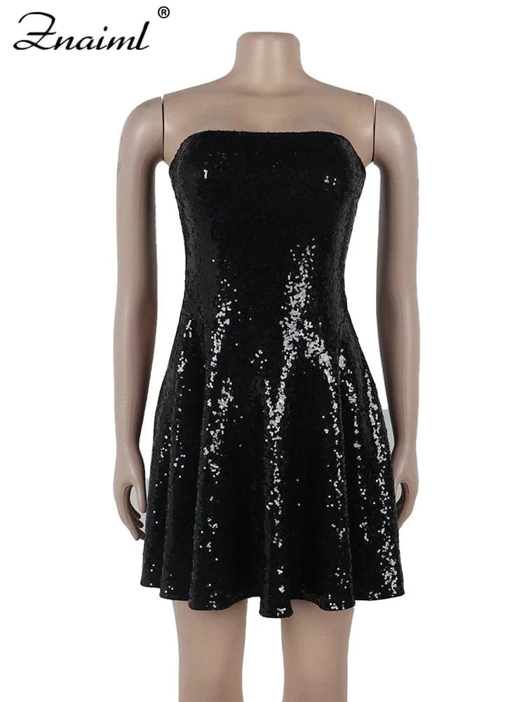 Znaiml Sexy Glitter Black Wedding Short Dress Shiny Sequin Strapless Prom Gown A Line Sweet Night Women Luxury Birthday Dresses
