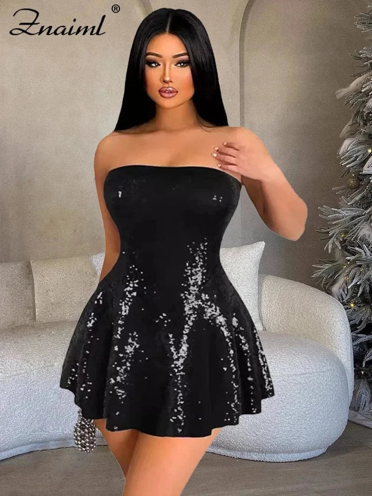 Znaiml Sexy Glitter Black Wedding Short Dress Shiny Sequin Strapless Prom Gown A Line Sweet Night Women Luxury Birthday Dresses