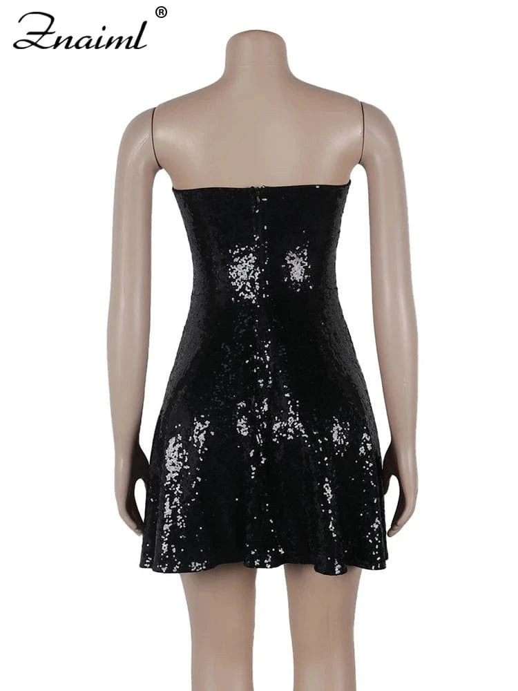 Znaiml Sexy Glitter Black Wedding Short Dress Shiny Sequin Strapless Prom Gown A Line Sweet Night Women Luxury Birthday Dresses
