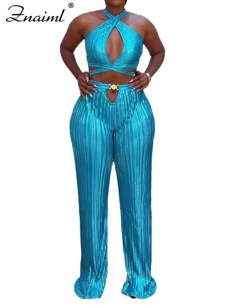 Znaiml Sexy Hollow Out Bandage Halter Sleeveless Backless Crop Tops and Wide Leg Pants Two 2 Piece Sets Women Night Club Outfit