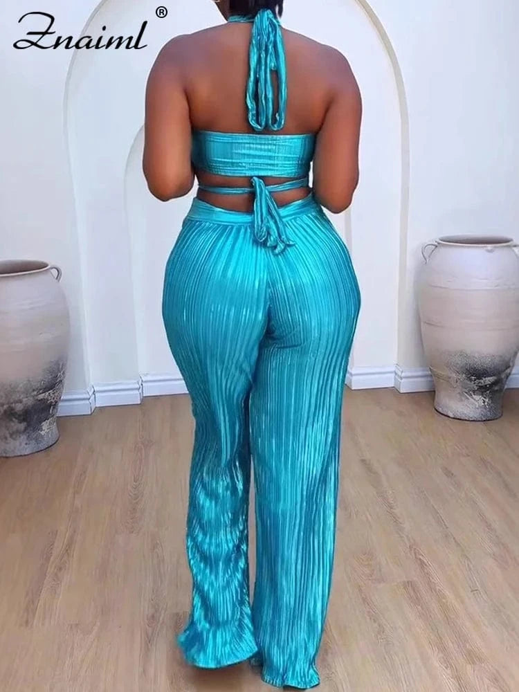 Znaiml Sexy Hollow Out Bandage Halter Sleeveless Backless Crop Tops and Wide Leg Pants Two 2 Piece Sets Women Night Club Outfit