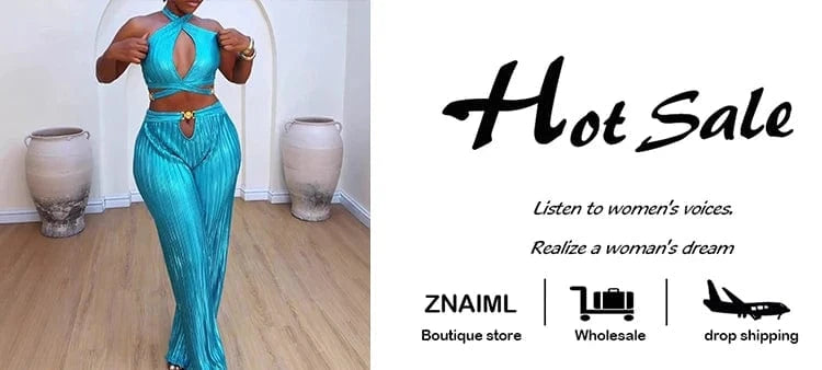 Znaiml Sexy Hollow Out Bandage Halter Sleeveless Backless Crop Tops and Wide Leg Pants Two 2 Piece Sets Women Night Club Outfit