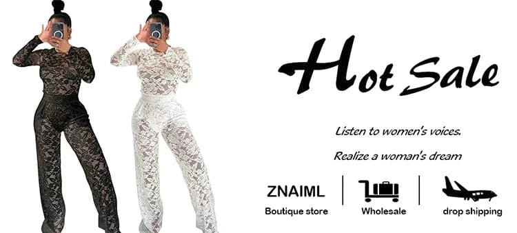 Znaiml Sexy Lace See through Two 2 Pieces Outfit Women Black Long Sleeve Bodysuits Top and Straight Pants Suit Birthday Clubwear