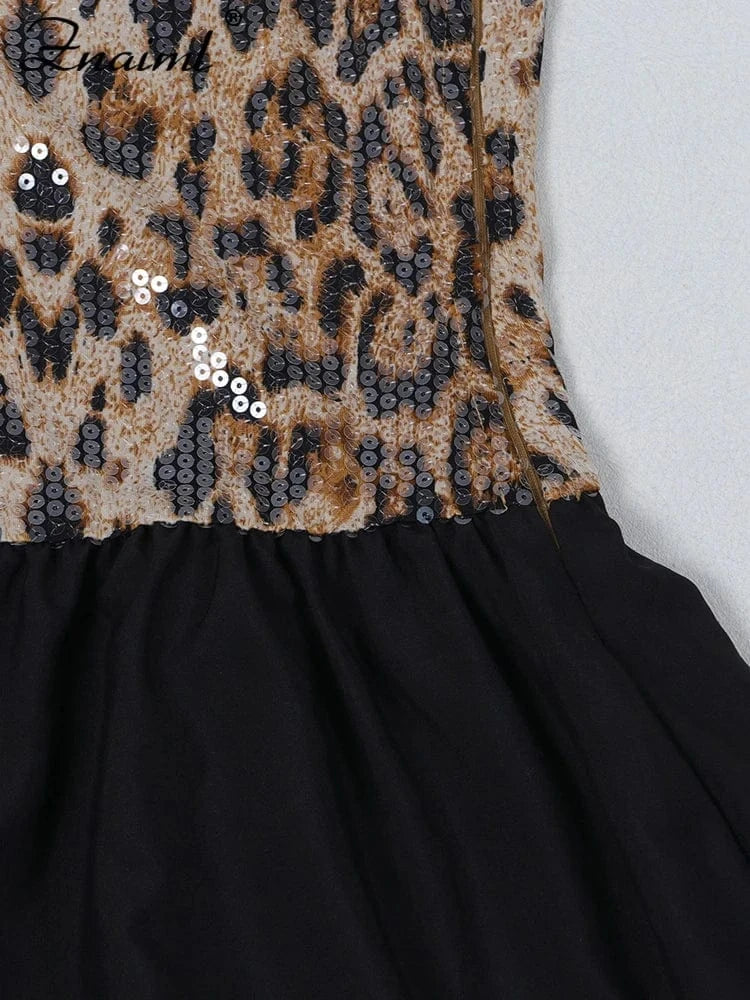 Znaiml Sexy Leopard Print Sequins Patchwork A-line Mini Dresses Woman Off Shoulder Tube Strapless Prom Night Club Short Dress