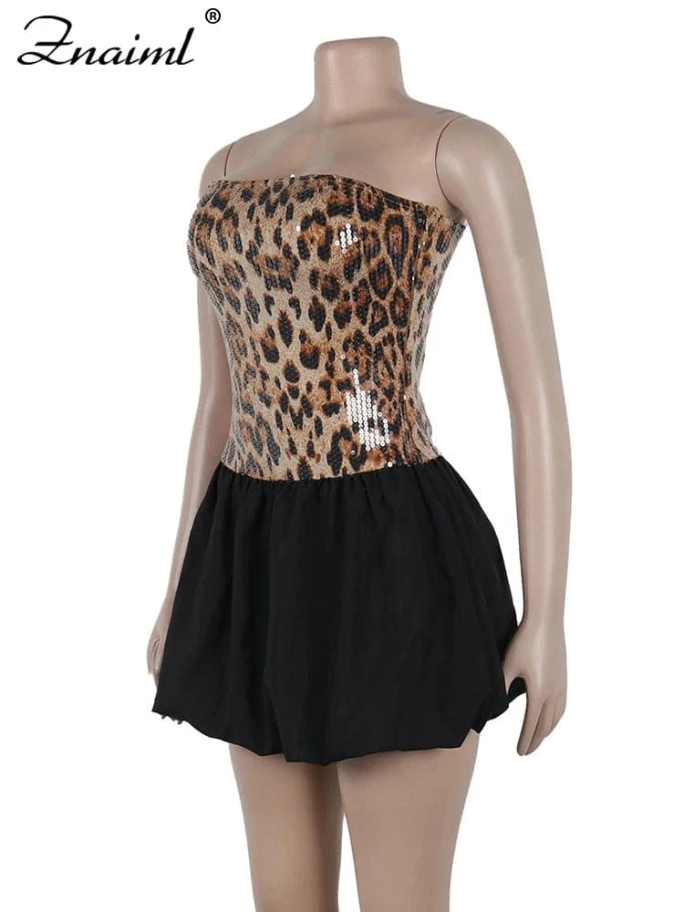 Znaiml Sexy Leopard Print Sequins Patchwork A-line Mini Dresses Woman Off Shoulder Tube Strapless Prom Night Club Short Dress