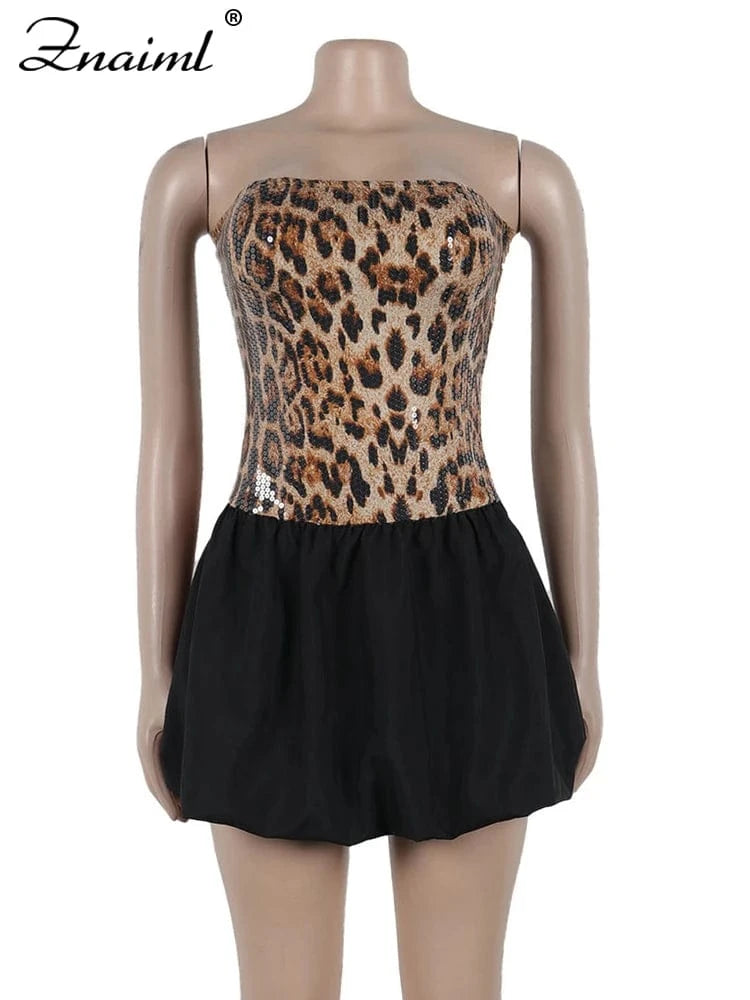 Znaiml Sexy Leopard Print Sequins Patchwork A-line Mini Dresses Woman Off Shoulder Tube Strapless Prom Night Club Short Dress