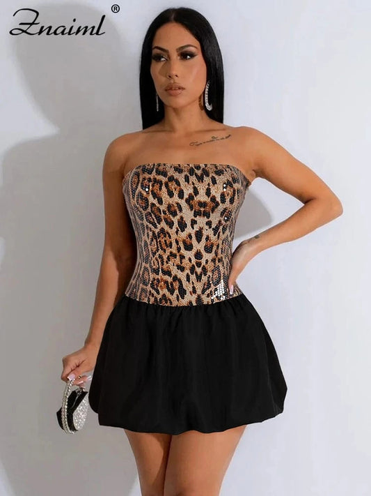 Znaiml Sexy Leopard Print Sequins Patchwork A-line Mini Dresses Woman Off Shoulder Tube Strapless Prom Night Club Short Dress