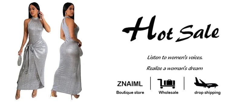 Znaiml Sexy Night Club Women Silver O-neck Sleeveless Bandage Belt Long Dress Elegant Birthday Party Evening Bodycon Vestidos