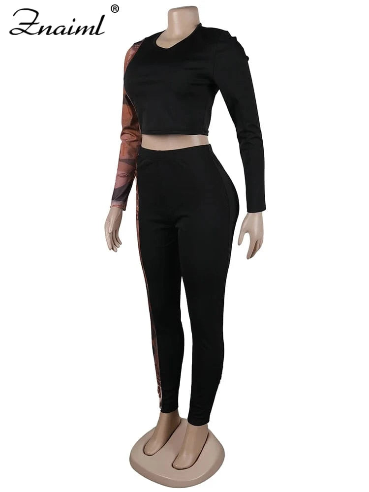 Znaiml Sexy Print Splicing Two Piece Sets Women O Neck Long Sleeve Crop Top and Pants Bodycon Matching Outfits Street Tracksuits