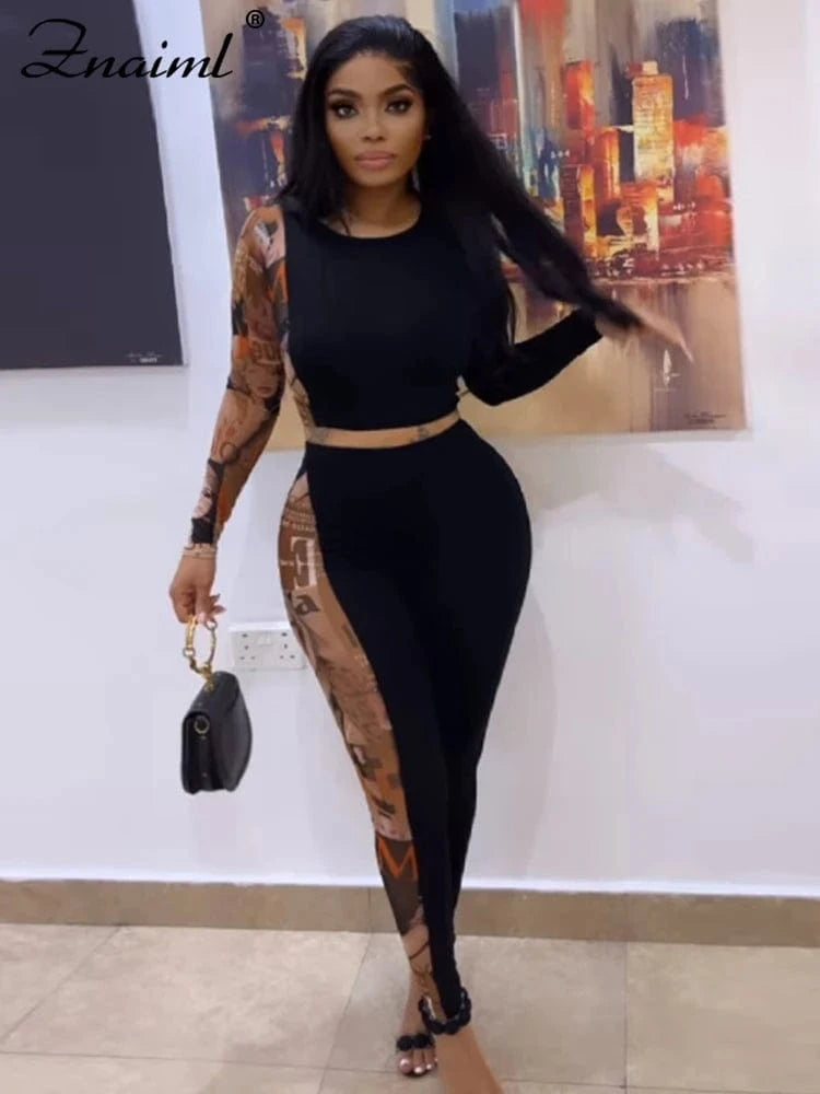 Znaiml Sexy Print Splicing Two Piece Sets Women O Neck Long Sleeve Crop Top and Pants Bodycon Matching Outfits Street Tracksuits