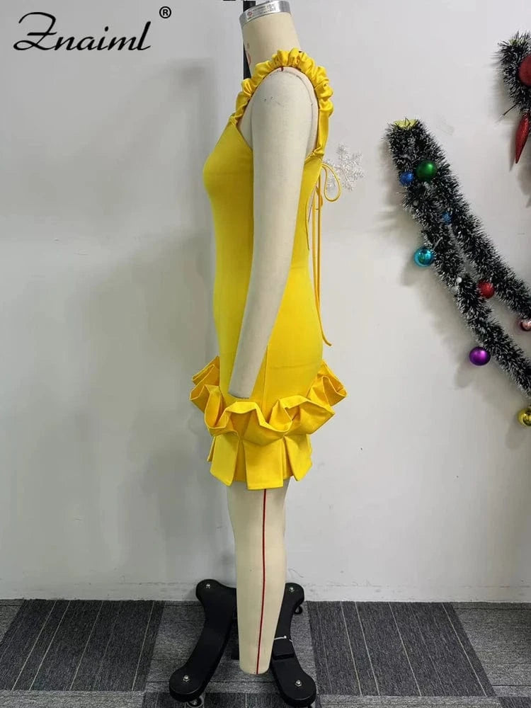 Znaiml Sexy Ruffle Bodycon Spaghetti Strap Sheath Yellow Mini Dresses Women V Neck Backless Birthday Prom Night Evening Vestidos