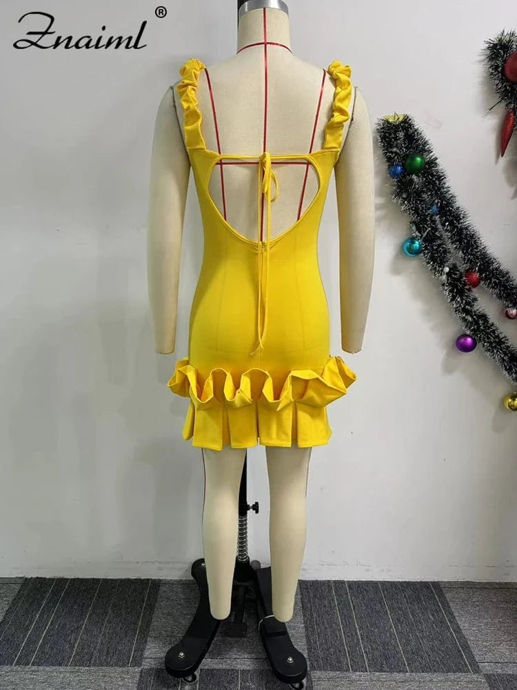 Znaiml Sexy Ruffle Bodycon Spaghetti Strap Sheath Yellow Mini Dresses Women V Neck Backless Birthday Prom Night Evening Vestidos