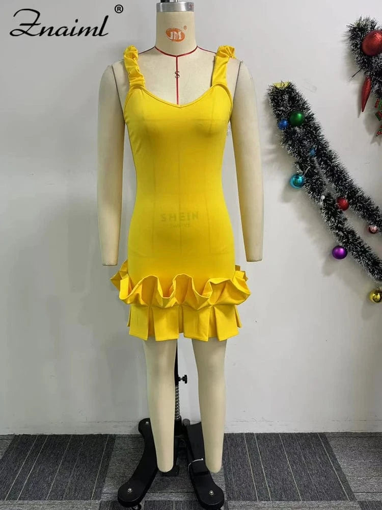 Znaiml Sexy Ruffle Bodycon Spaghetti Strap Sheath Yellow Mini Dresses Women V Neck Backless Birthday Prom Night Evening Vestidos
