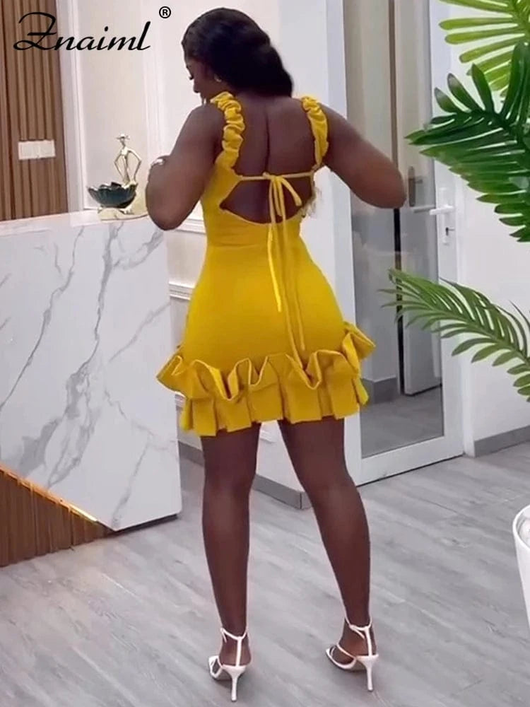 Znaiml Sexy Ruffle Bodycon Spaghetti Strap Sheath Yellow Mini Dresses Women V Neck Backless Birthday Prom Night Evening Vestidos