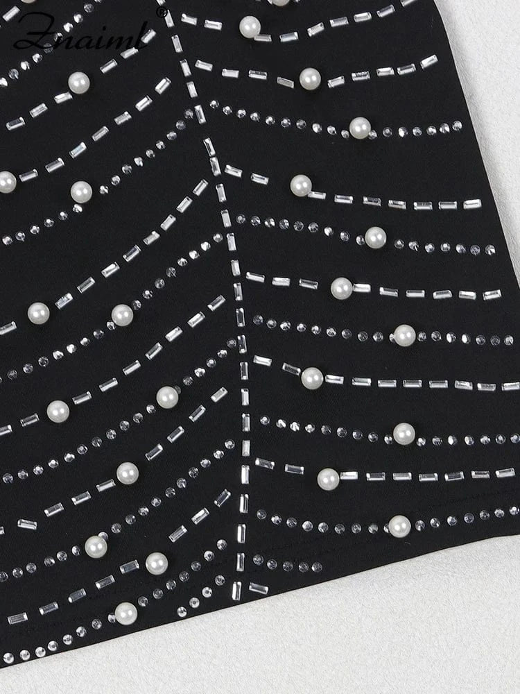 Znaiml Sexy Sheer Mesh Patchwork Rhinestone Bodycon Black Mini Dress Women's Long Sleeve Skinny Birthday Evening Party Dresses