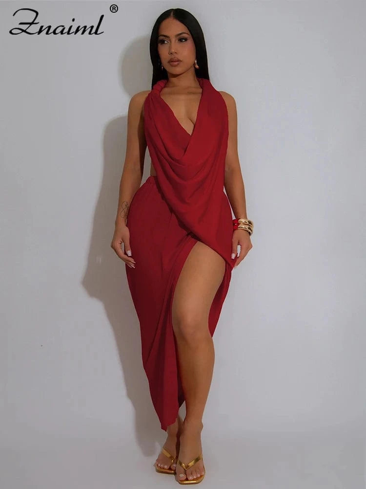 Znaiml Sexy Sleeveless Backless Halter Side Split Deep V-Neck Bodycon Dress Elegant Women Birthday Midnight Party Club Vestidos