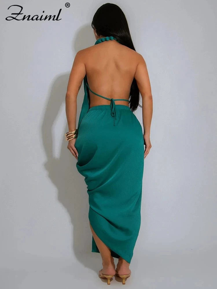Znaiml Sexy Sleeveless Backless Halter Side Split Deep V-Neck Bodycon Dress Elegant Women Birthday Midnight Party Club Vestidos