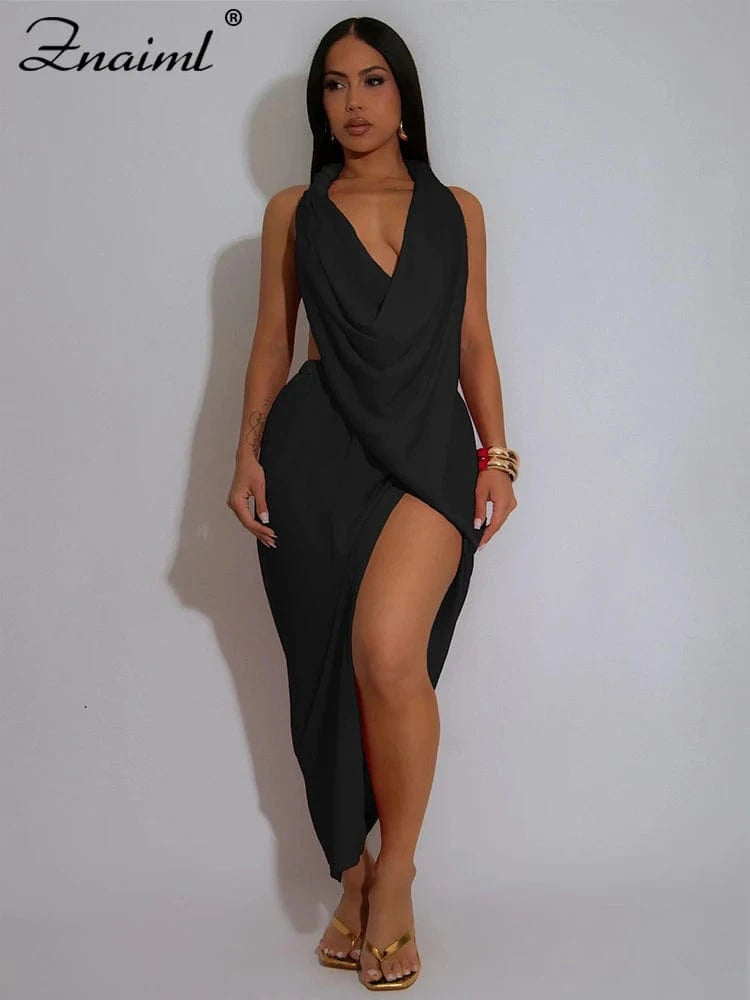 Znaiml Sexy Sleeveless Backless Halter Side Split Deep V-Neck Bodycon Dress Elegant Women Birthday Midnight Party Club Vestidos