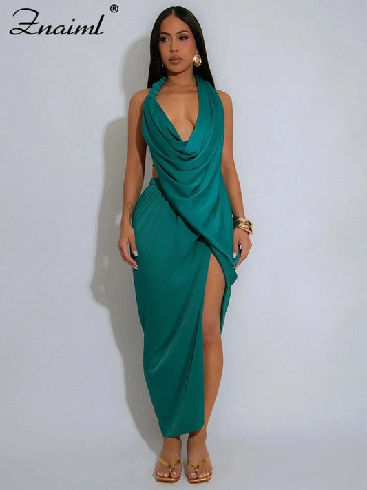 Znaiml Sexy Sleeveless Backless Halter Side Split Deep V-Neck Bodycon Dress Elegant Women Birthday Midnight Party Club Vestidos