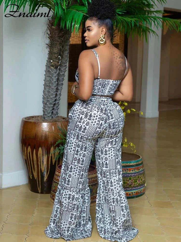 Znaiml Sexy Spaghetti Strap Backless Crop Top and Flare Pants 2 Pieces Set Woman Fashion Black White Print African Outfits 2025