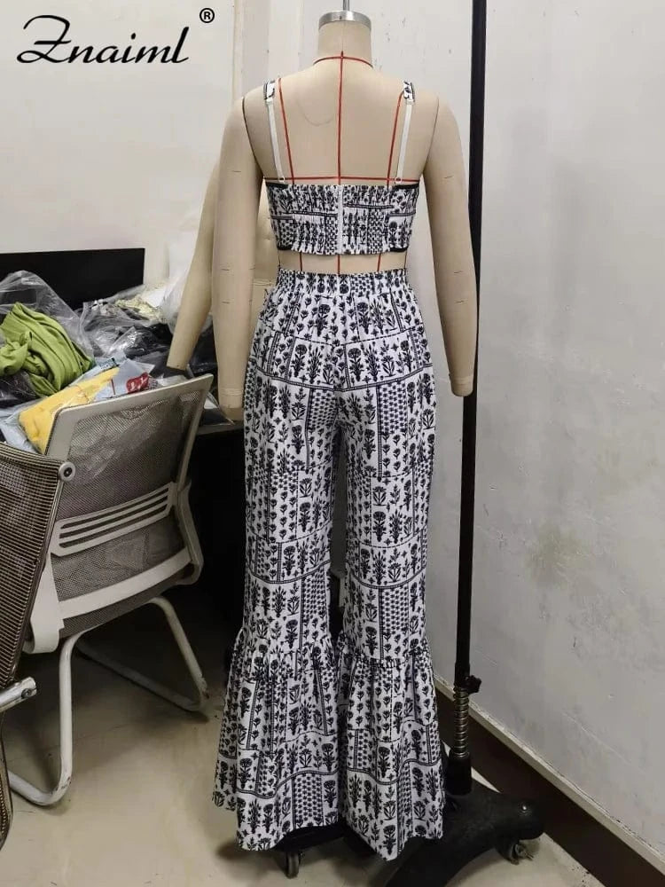 Znaiml Sexy Spaghetti Strap Backless Crop Top and Flare Pants 2 Pieces Set Woman Fashion Black White Print African Outfits 2025