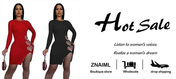 Znaiml Sparkly Diamonds Heart-shaped Love Birthday Dresses for Women Night Party Long Sleeve Side Slit Bodycon Mini Vestidos