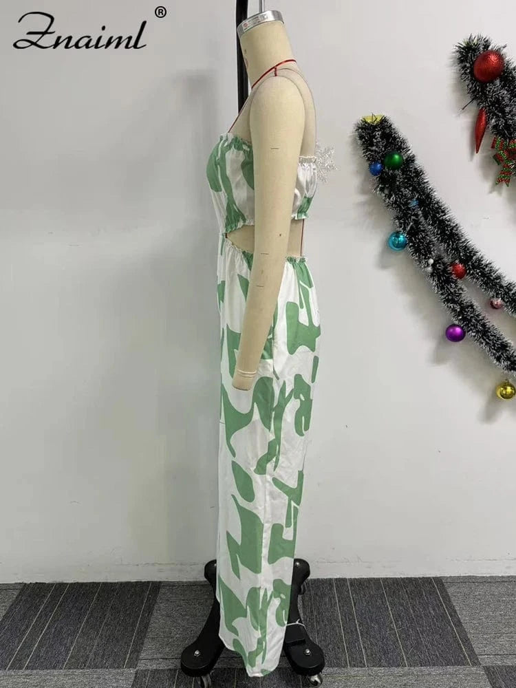 Znaiml Strapless Off Shoulder Hollow Out Green Printed Wide Leg Pants Jumpsuits Women Sexy Beach Vacation Summer Party Overalls