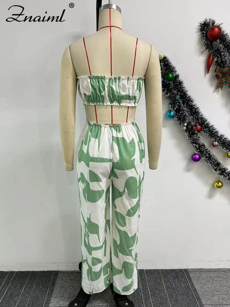 Znaiml Strapless Off Shoulder Hollow Out Green Printed Wide Leg Pants Jumpsuits Women Sexy Beach Vacation Summer Party Overalls