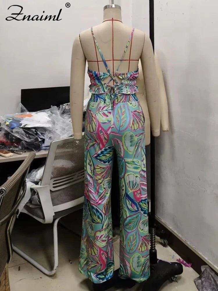 Znaiml Summer Vacation Halter Backless Crop Top and Wide Leg Pants Woman Floral Print Two Piece Set Boho Beach Club Outfits 2025