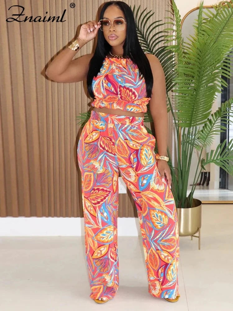 Znaiml Summer Vacation Halter Backless Crop Top and Wide Leg Pants Woman Floral Print Two Piece Set Boho Beach Club Outfits 2025