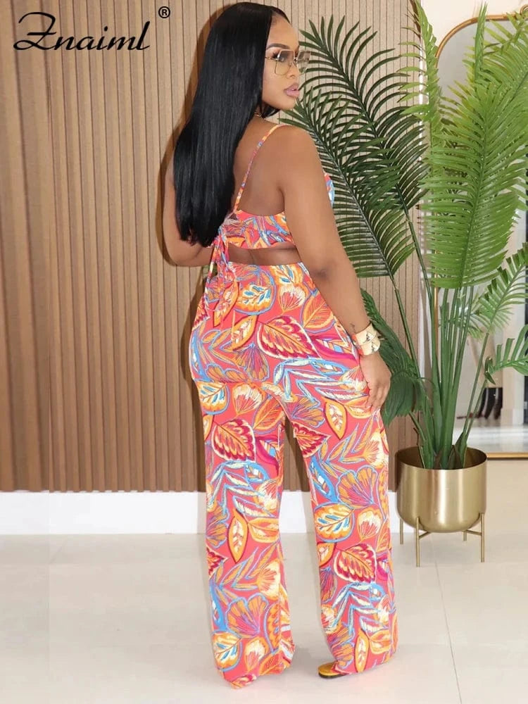 Znaiml Summer Vacation Halter Backless Crop Top and Wide Leg Pants Woman Floral Print Two Piece Set Boho Beach Club Outfits 2025