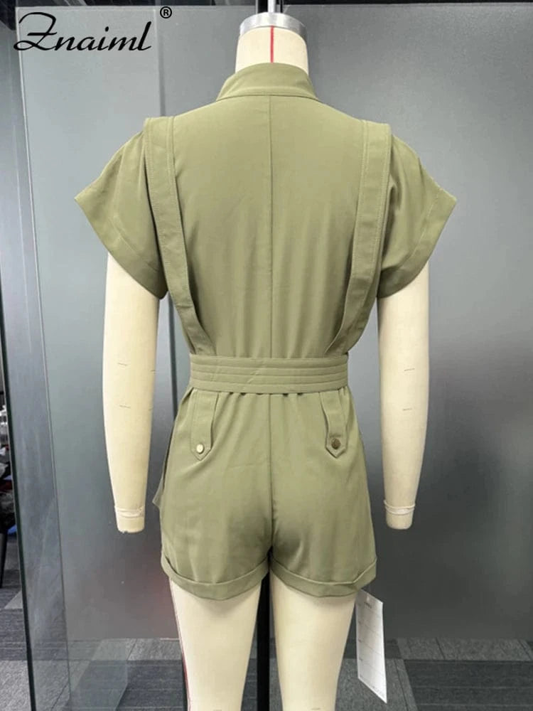 Znaiml Summer Wide Leg Pants Playsuits Rompers with Belt Women Jumpsuit Shorts Black Short Sleeve Elegant One Pieces Overslls