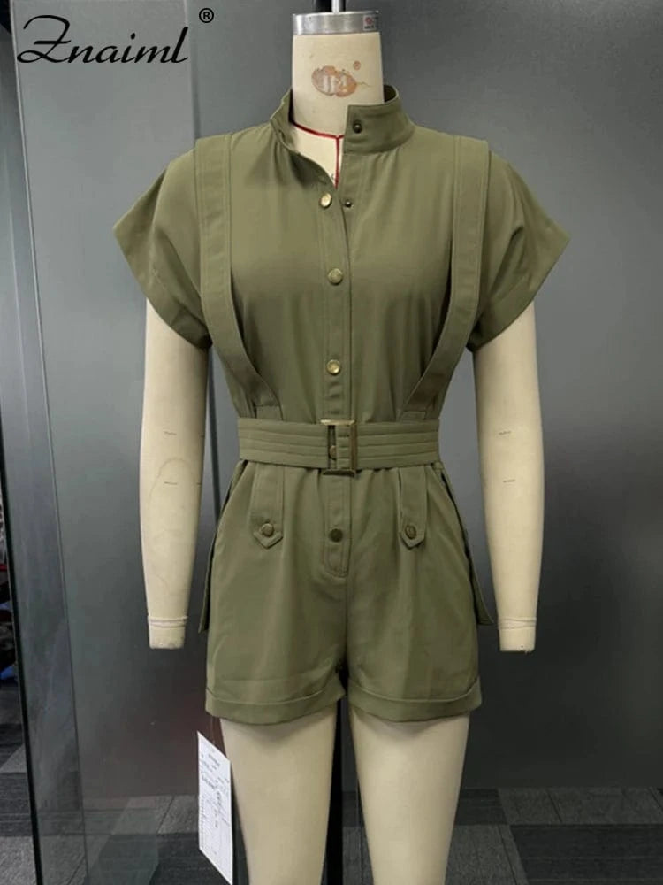 Znaiml Summer Wide Leg Pants Playsuits Rompers with Belt Women Jumpsuit Shorts Black Short Sleeve Elegant One Pieces Overslls
