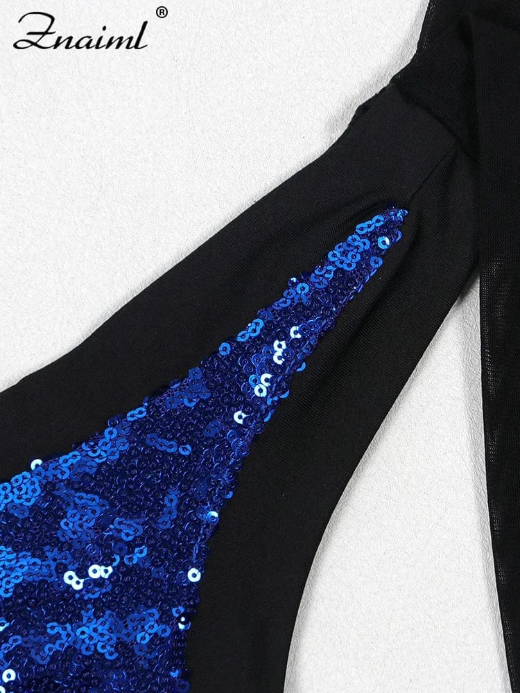 Znaiml Women Elegant Cocktail Prom Long Blue Dress Luxury Sequin Sleeveless Bandage Wedding Gown Evening Formal Party Vestidos