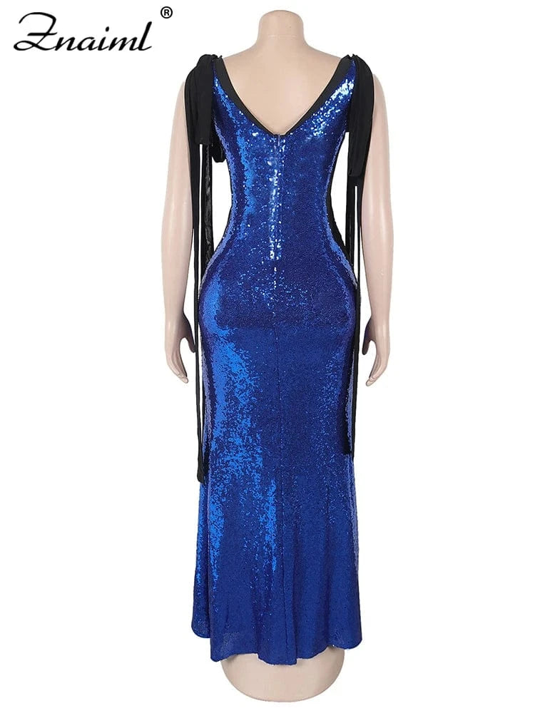 Znaiml Women Elegant Cocktail Prom Long Blue Dress Luxury Sequin Sleeveless Bandage Wedding Gown Evening Formal Party Vestidos