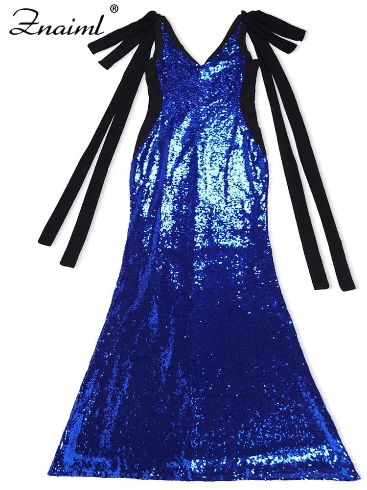 Znaiml Women Elegant Cocktail Prom Long Blue Dress Luxury Sequin Sleeveless Bandage Wedding Gown Evening Formal Party Vestidos