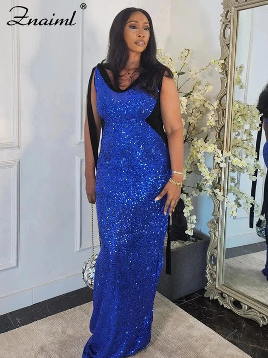 Znaiml Women Elegant Cocktail Prom Long Blue Dress Luxury Sequin Sleeveless Bandage Wedding Gown Evening Formal Party Vestidos