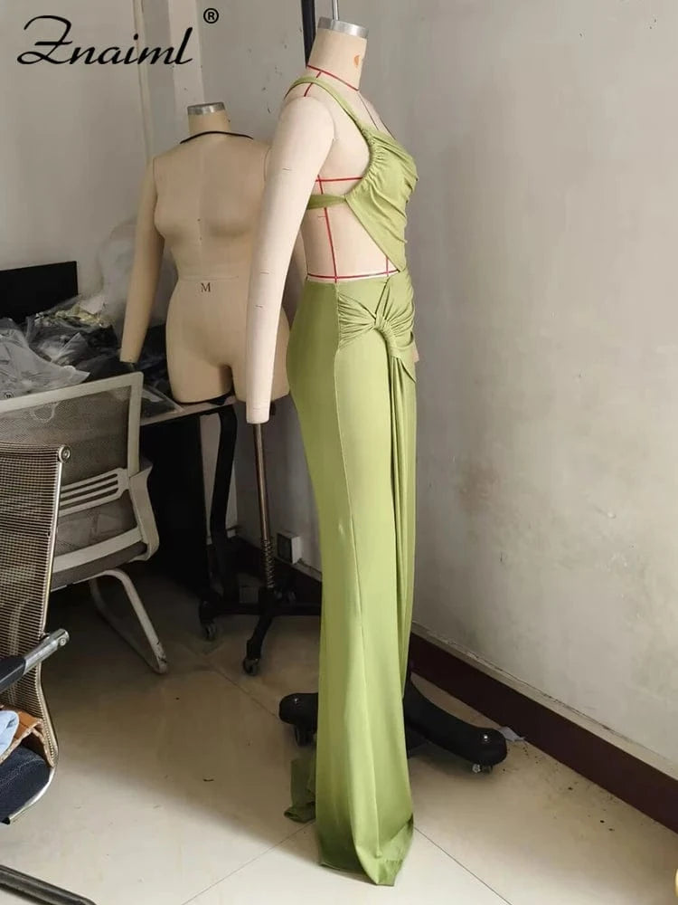 Znaiml Women Hollow Out One Shoulder Sleeveless Bodycon Birthday Long Dress Green Irregular Ruched Sexy Evening Gown Vestidos