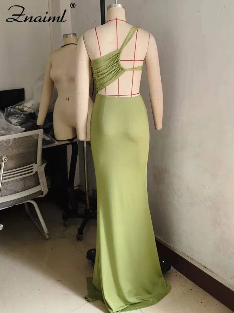 Znaiml Women Hollow Out One Shoulder Sleeveless Bodycon Birthday Long Dress Green Irregular Ruched Sexy Evening Gown Vestidos