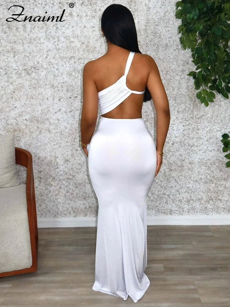 Znaiml Women Hollow Out One Shoulder Sleeveless Bodycon Birthday Long Dress Green Irregular Ruched Sexy Evening Gown Vestidos