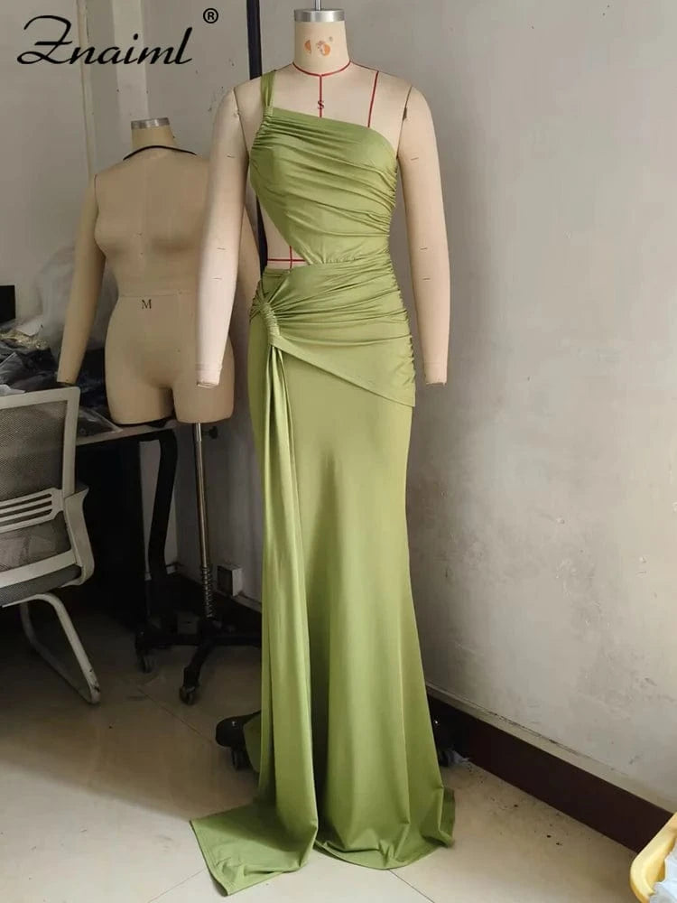 Znaiml Women Hollow Out One Shoulder Sleeveless Bodycon Birthday Long Dress Green Irregular Ruched Sexy Evening Gown Vestidos