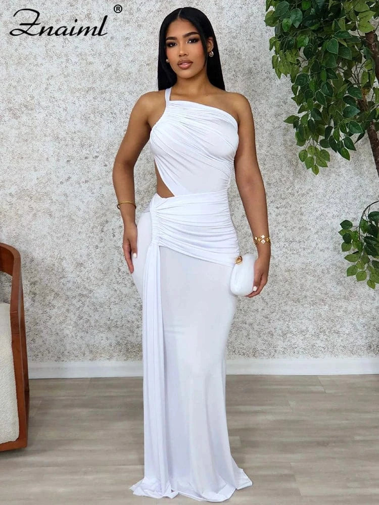 Znaiml Women Hollow Out One Shoulder Sleeveless Bodycon Birthday Long Dress Green Irregular Ruched Sexy Evening Gown Vestidos