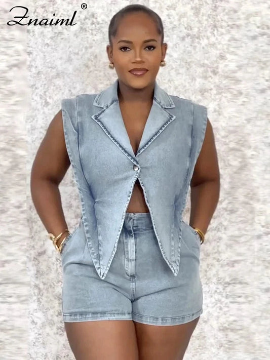 Znaiml Women Lapel Sleeveless Playsuits Fashion Denim Blue Shorts Jumpsuits Hollow Out Button Overalls Jeans One Pieces Rompers