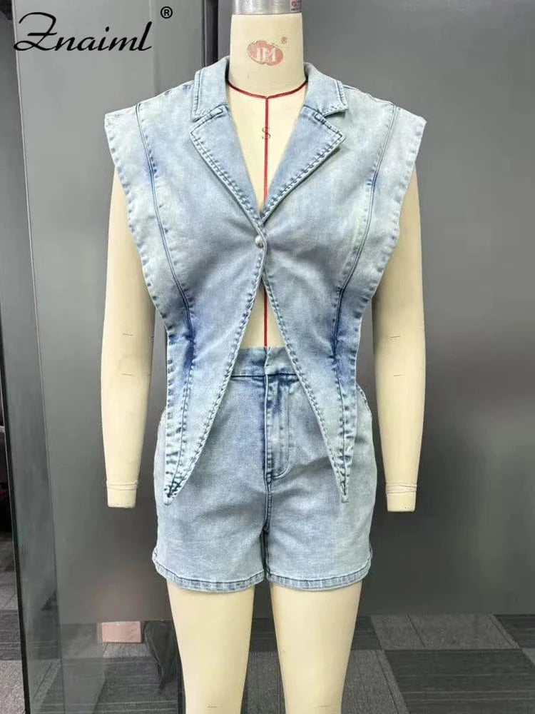 Znaiml Women Lapel Sleeveless Playsuits Fashion Denim Blue Shorts Jumpsuits Hollow Out Button Overalls Jeans One Pieces Rompers